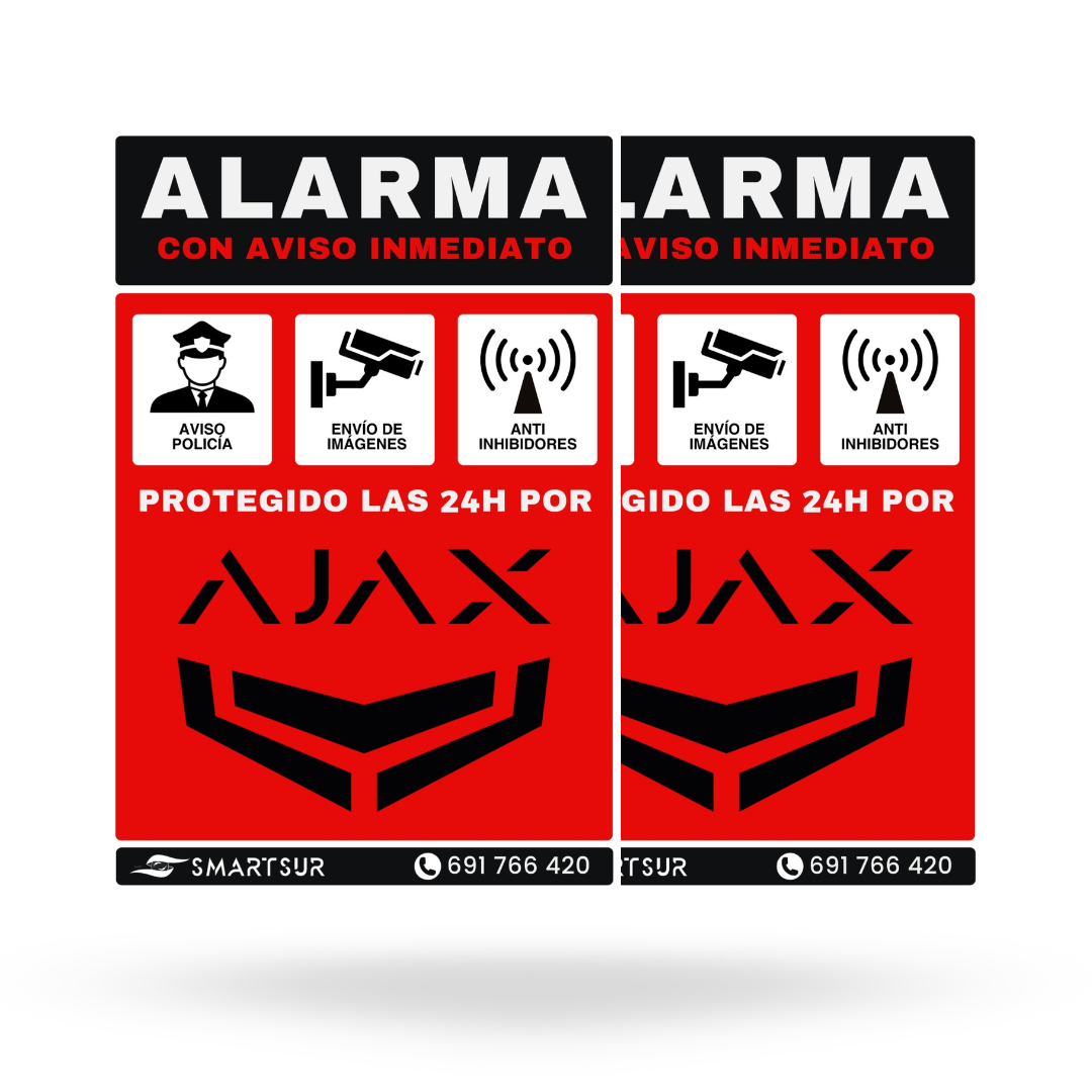 KIT-2-CARTELES-DISUASORIO-ALARMA-AJAX-SMARTSUR Kit 2 Carteles Disuasorios Alarma Ajax de Aluminio Tamaño A5 - Imagen 1