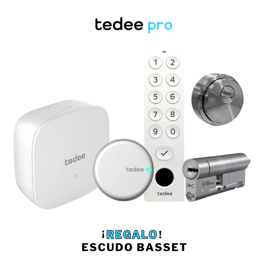 PACK-COMPLETO-TEDEE-PRO-+-TECLADO-+-BRIDGE-+-BOMBÍN-+-ESCUDO-REGALO Pack Completo Cerradura Inteligente Tedee Pro