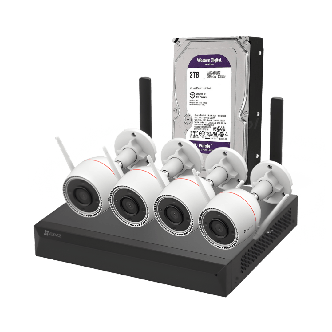 KIT-4-CAMARAS-DE-SEGURIDAD-WIFI-FULL-HD-EZVIZ-CON-GRABADOR-Y-DISCO-DURO-2TB Kit Vigilancia IP WiFi Exterior 4 Cámaras Bullet 2K + Grabador NVR 8Ch + HDD 2TB - Imagen 1