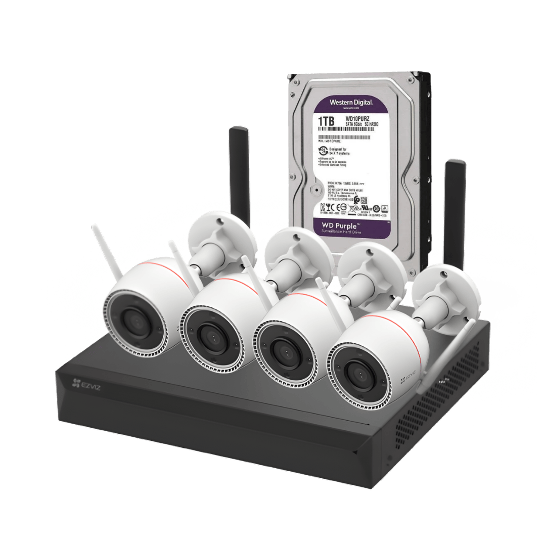 KIT-4-CAMARAS-DE-SEGURIDAD-WIFI-FULL-HD-EZVIZ-CON-GRABADOR-Y-DISCO-DURO Kit Vigilancia IP WiFi Exterior 4 Cámaras Bullet 2K + Grabador NVR 8Ch + HDD 1TB - Imagen 1