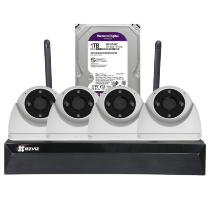 Contenido del kit de videovigilancia EZVIZ con 4 cámaras H4 2K, NVR y disco duro de 1 TB