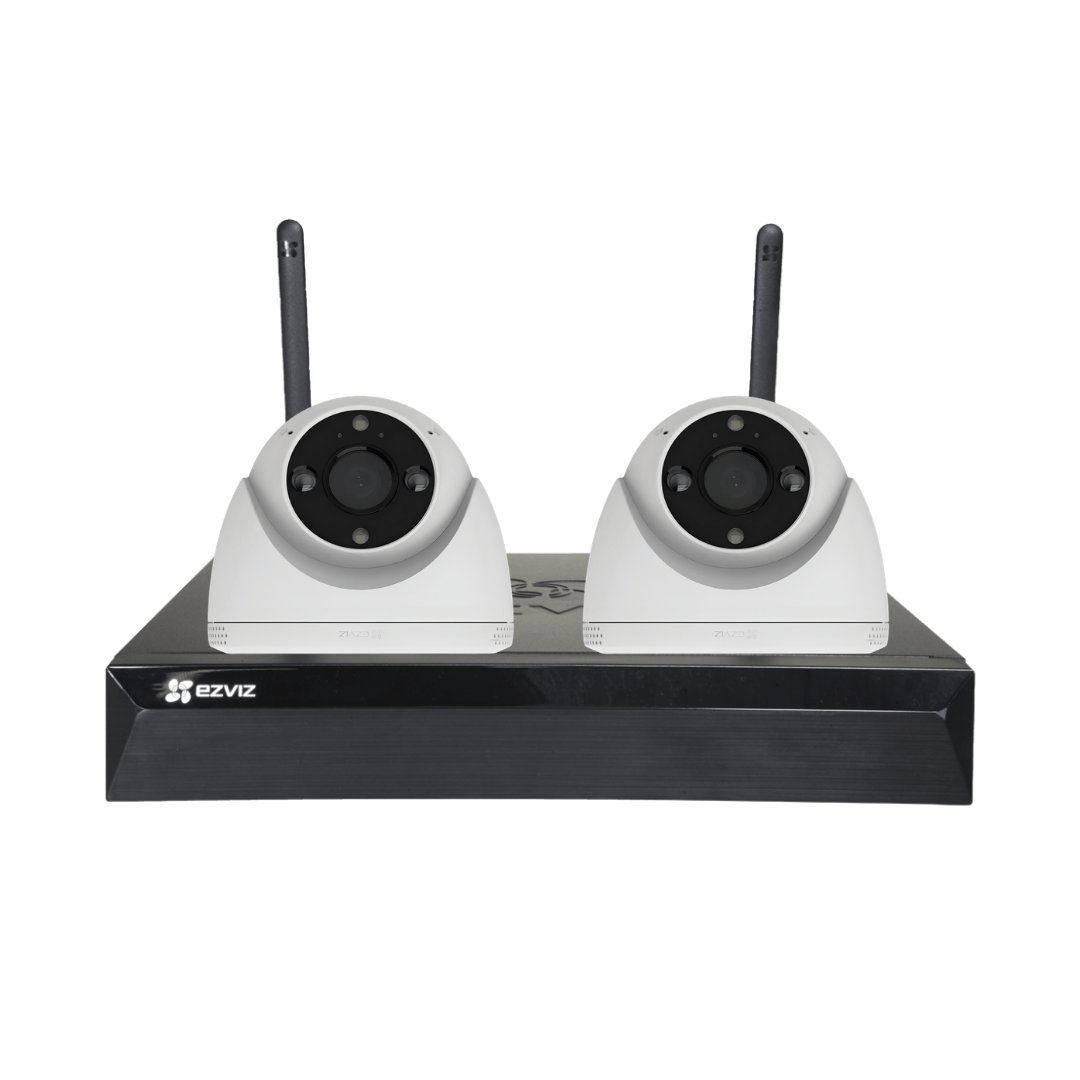 Kit de 2 Cámaras WiFi Exterior EZVIZ H4 2K con NVR Kit de videovigilancia WiFi exterior con 2 cámaras EZVIZ H4 2K y grabador NVR de 8 canales sin disco duro