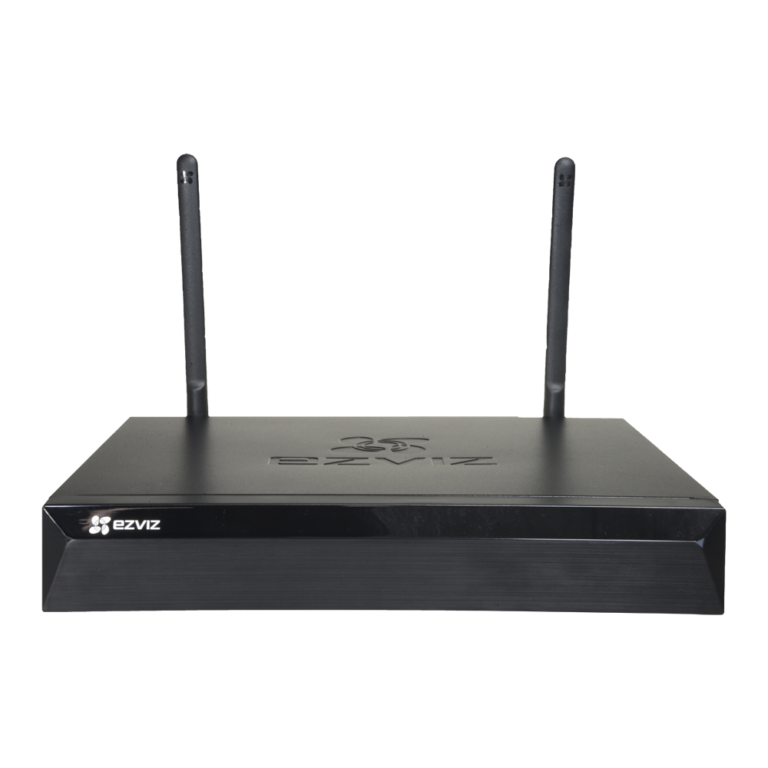 Vista frontal del grabador NVR EZVIZ X5S negro con sus dos antenas WiFi