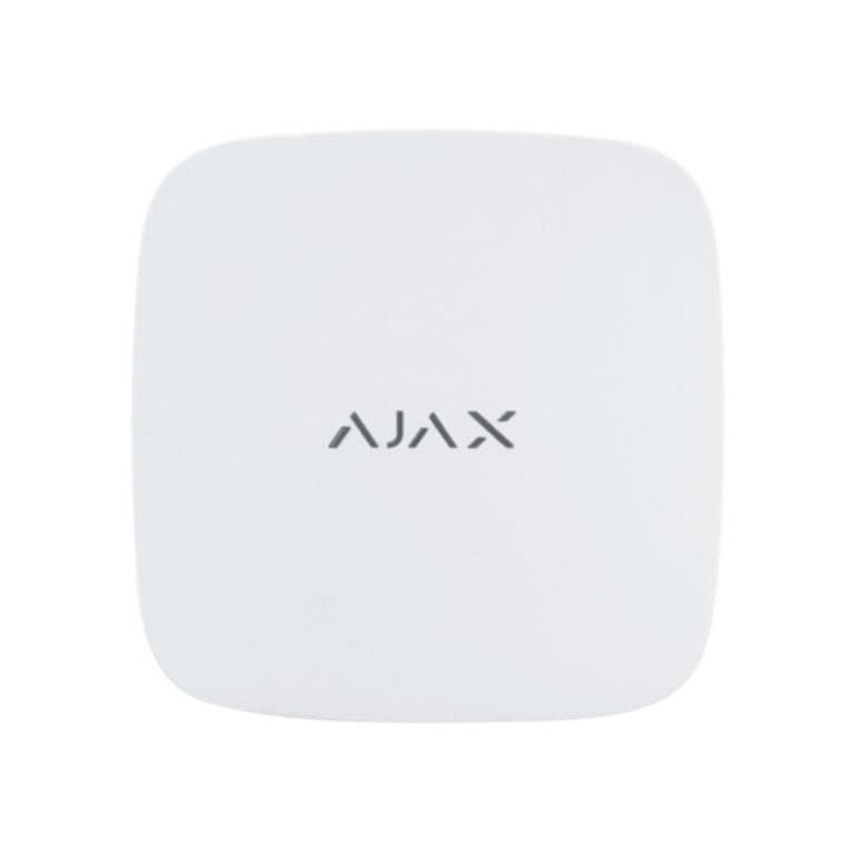 Detector de inundación Ajax LeaksProtect blanco visto de frente, con logotipo Ajax