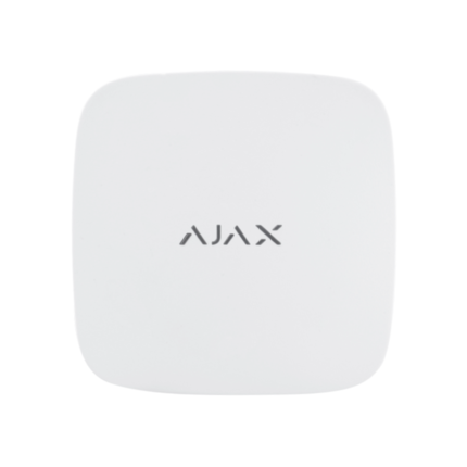 Detector de inundación Ajax LeaksProtect blanco visto de frente, con logotipo Ajax