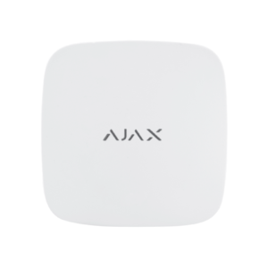 Detector de inundación Ajax LeaksProtect blanco visto de frente, con logotipo Ajax