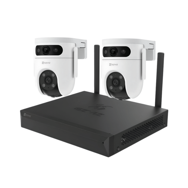2 cámaras de vigilancia EZVIZ H9C Dual 2K junto a un grabador NVR EZVIZ sin disco duro