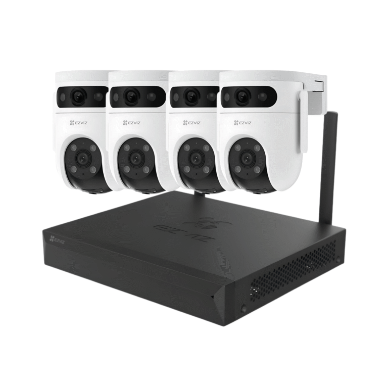 4 cámaras de vigilancia EZVIZ H9C Dual 2K junto a un grabador NVR EZVIZ sin disco duro