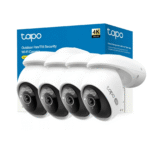 Cuatro cámaras de seguridad exterior Tapo C560WS 4K blancas junto a su caja