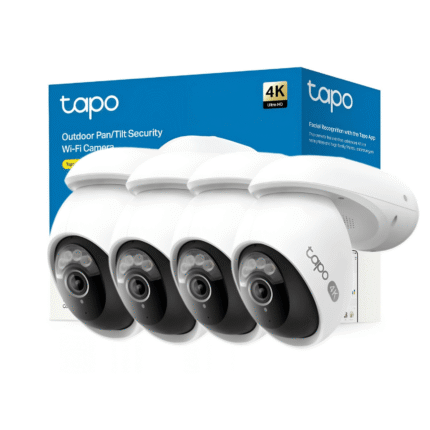 Cuatro cámaras de seguridad exterior Tapo C560WS 4K blancas junto a su caja