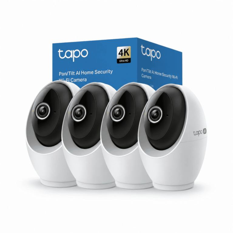Cuatro cámaras de seguridad interior Tapo C260 4K blancas junto a su caja
