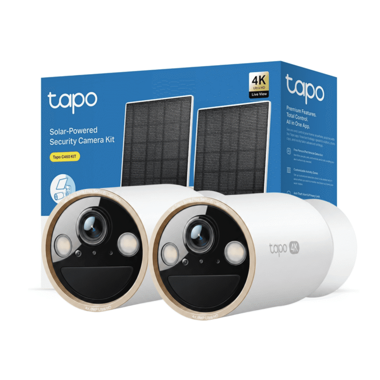 Dos cámaras de vigilancia Tapo C460 KIT 4K blancas con dos paneles solares y caja del producto