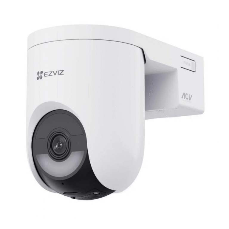Cámara de seguridad WiFi exterior EZVIZ HB8 Lite blanca, con objetivo y soporte de pared en perspectiva
