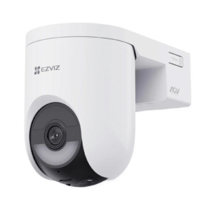 Cámara de seguridad WiFi exterior EZVIZ HB8 Lite blanca, con objetivo y soporte de pared en perspectiva
