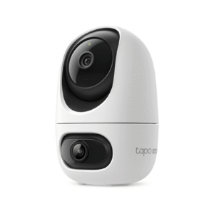 Vista frontal de la cámara WiFi interior Tapo C245D blanca con sus dos lentes