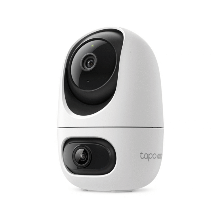 Vista frontal de la cámara WiFi interior Tapo C245D blanca con sus dos lentes