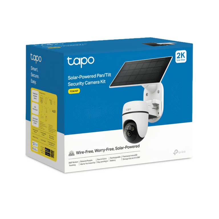Caja del Tapo TC90 KIT, cámara de vigilancia WiFi exterior 2K de 3 Mpx con batería y panel solar