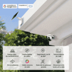Cámara Tapo TC90 KIT instalada en una vivienda con un resumen de sus funciones de vigilancia