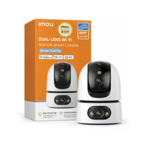 Cámara WiFi interior Imou Ranger Dual Pro de doble lente 4+4 Mpx junto a su caja