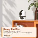 Cámara Imou Ranger Dual Pro sobre un mueble e infografía de las distintas versiones de doble lente