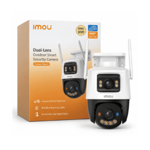 Cámara WiFi exterior Imou Cruiser Dual 2 de doble lente 3+3 Mpx junto a su caja