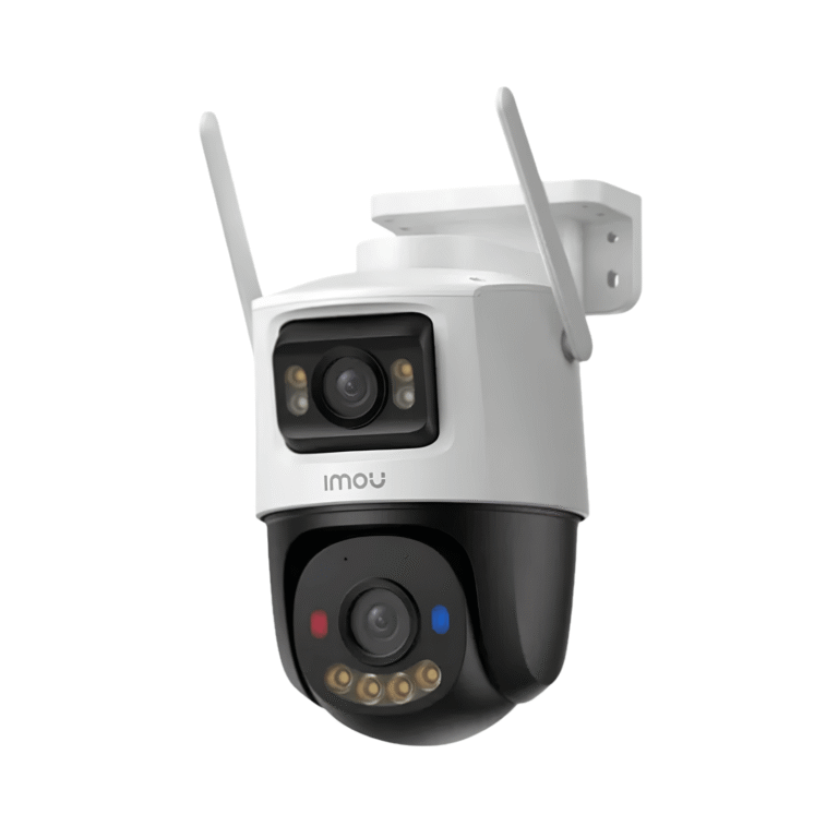 Cámara WiFi exterior Imou Cruiser Dual 2 de doble lente, vista en perspectiva con antenas y soporte de pared
