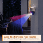 Ilustración de las luces disuasorias rojas y azules de Imou Cruiser Dual 2 junto al acceso de una vivienda