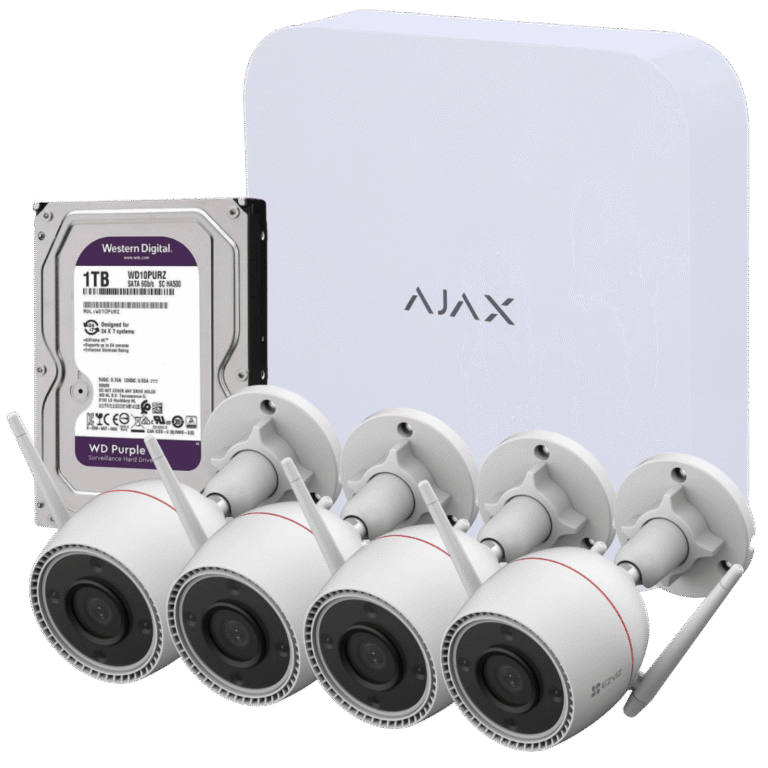 Contenido del kit con 4 cámaras EZVIZ H3C 2K, grabador NVR Ajax y disco duro de 1 TB