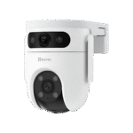 Cámara EZVIZ H9C Dual 2K blanca, vista en perspectiva con sus dos lentes y soporte de pared