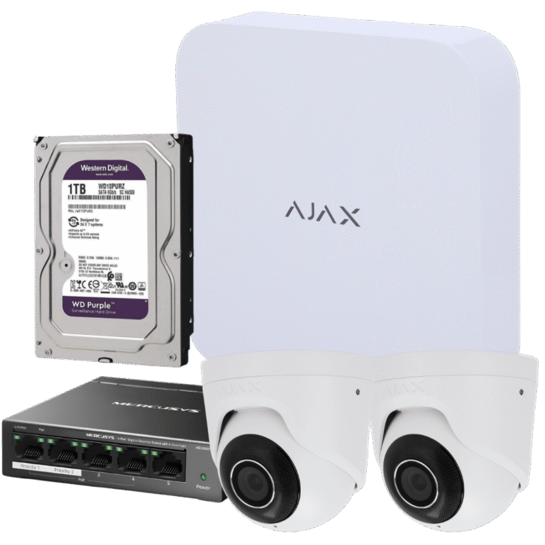 Contenido del kit PoE Ajax con 2 cámaras TurretCam 5 Mpx, NVR y disco duro de 1 TB