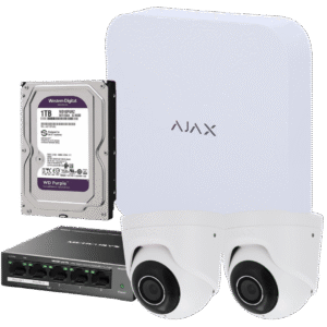 Contenido del kit PoE Ajax con 2 cámaras TurretCam 5 Mpx, NVR y disco duro de 1 TB