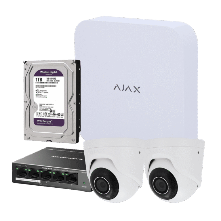 Kit videovigilancia PoE Ajax con 2 cámaras TurretCam 5 Mpx, NVR, disco duro de 1 TB y salto de alarma