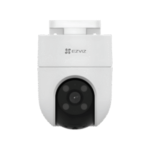 Vista frontal de la cámara WiFi exterior EZVIZ H8C blanca con lente motorizada
