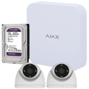 Contenido del kit con 2 cámaras EZVIZ H4 2K, grabador NVR Ajax y disco duro de 1 TB