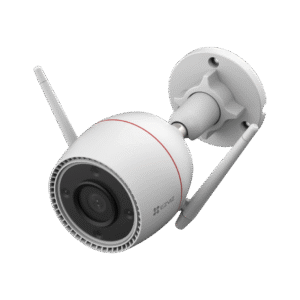 Cámara EZVIZ H3C 2K blanca vista en perspectiva, con dos antenas y soporte de pared