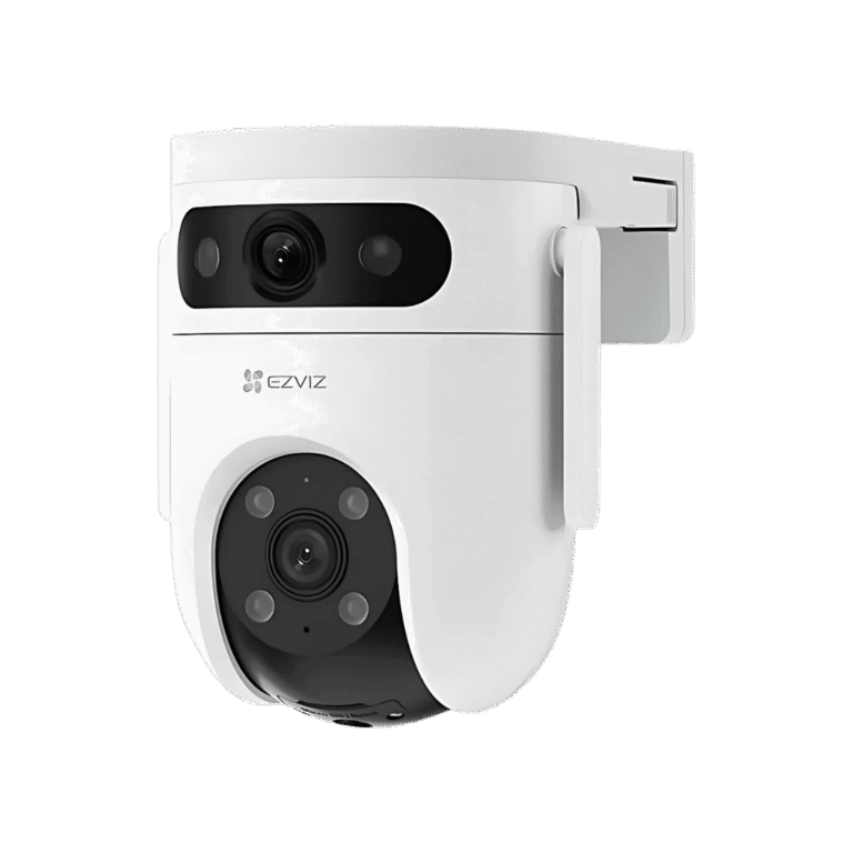 Cámara EZVIZ H9C Dual 2K blanca, vista en perspectiva con sus dos lentes y soporte de pared