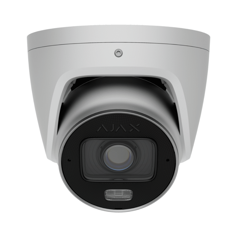 Vista frontal de la cámara IP PoE Ajax TurretCam HLVF 8MP blanca con lente varifocal