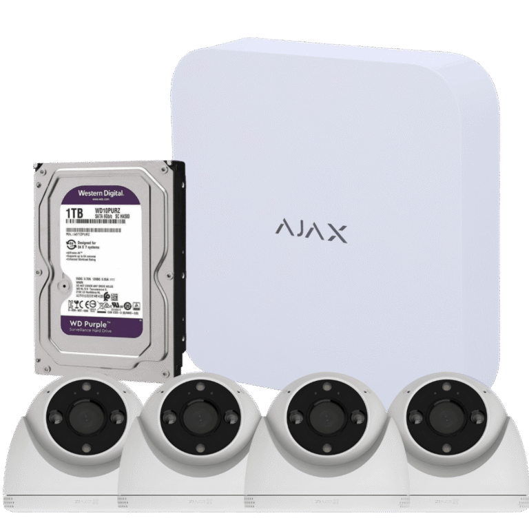 Contenido del kit con 4 cámaras EZVIZ H4 2K, grabador NVR Ajax y disco duro de 1 TB