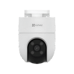 Vista frontal de la cámara WiFi exterior EZVIZ H8C blanca con lente motorizada