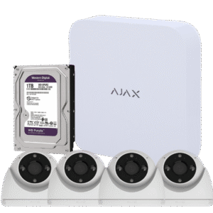 Contenido del kit con 4 cámaras EZVIZ H4 2K, grabador NVR Ajax y disco duro de 1 TB