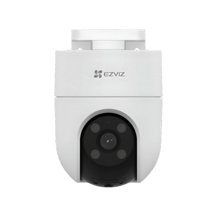 Vista frontal de la cámara WiFi exterior EZVIZ H8C blanca con lente motorizada