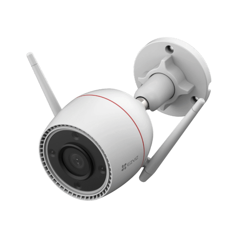 Cámara EZVIZ H3C 2K blanca vista en perspectiva, con dos antenas y soporte de pared