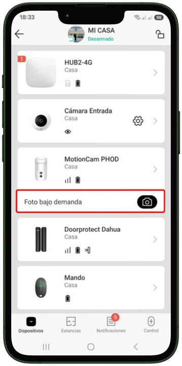 App Ajax: icono de cámara para solicitar una foto bajo demanda