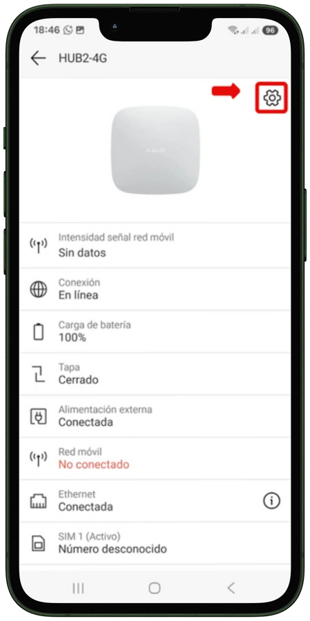 App Ajax: engranaje de ajustes en la ficha del Hub 2