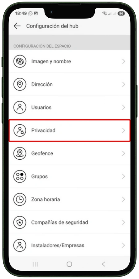 App Ajax: opción Privacidad resaltada en los ajustes