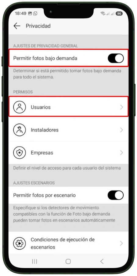 App Ajax: Permitir fotos bajo demanda y opción Usuarios