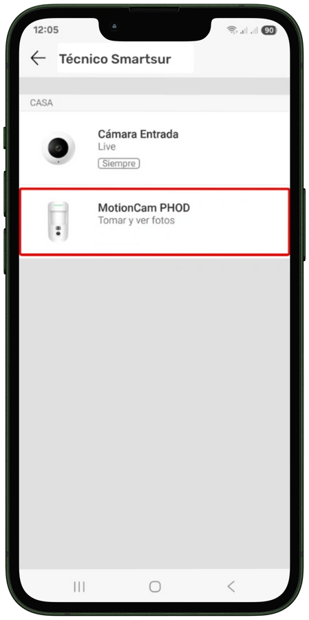 App Ajax: selección del detector MotionCam PhOD
