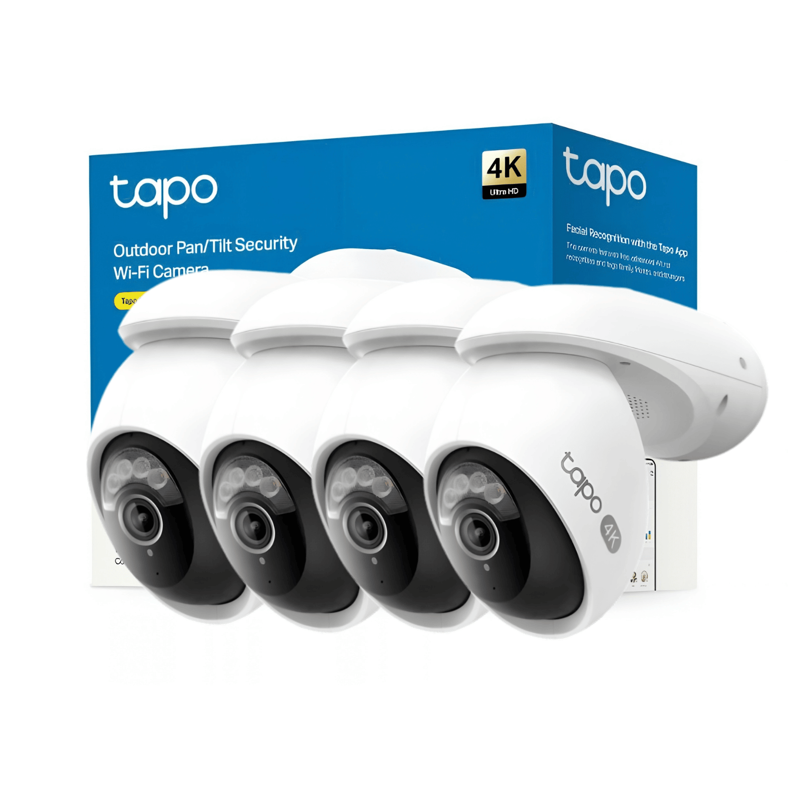 Kit de 4 cámaras de seguridad WiFi 6 exterior Tapo C560WS 4K Cuatro cámaras de seguridad exterior Tapo C560WS 4K blancas junto a su caja