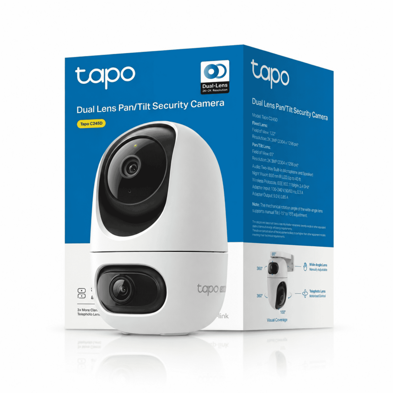 Cámara-de-vigilancia-Wifi-Interior-Tapo-C245D-dual-2k+ Cámara de vigilancia WiFi interior Tapo C245D blanca con doble lente y su caja